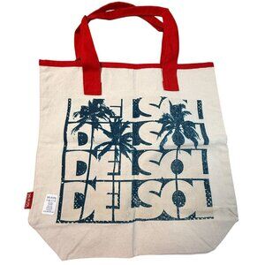Del Sol Cotton Canvas Color Changing Tote Bag Red Handles Blue Palm Tree Print